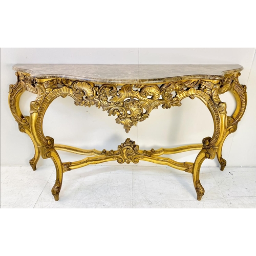 366 - CONSOLE TABLE, Louis XV style, marble top on a gilt base, 78cm H x 143 W x 45cm D.