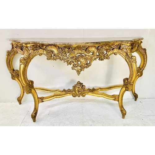 366 - CONSOLE TABLE, Louis XV style, marble top on a gilt base, 78cm H x 143 W x 45cm D.