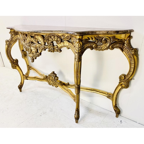 366 - CONSOLE TABLE, Louis XV style, marble top on a gilt base, 78cm H x 143 W x 45cm D.