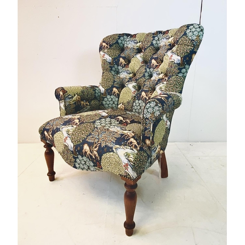 367 - ARMCHAIR, Victorian style, with William Morris style upholstery on turned supports, 93cm H x 72cm W ... 