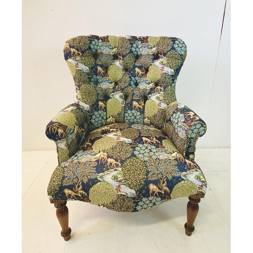 367 - ARMCHAIR, Victorian style, with William Morris style upholstery on turned supports, 93cm H x 72cm W ... 