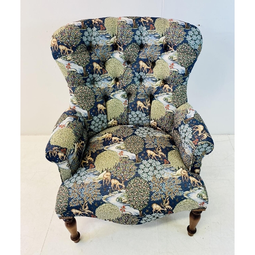 367 - ARMCHAIR, Victorian style, with William Morris style upholstery on turned supports, 93cm H x 72cm W ... 