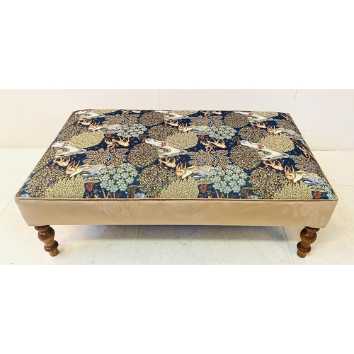 368 - HEARTH STOOL, with William Morris style upholstery on turned supports, 35cm H x 105cm W x 58cm D.