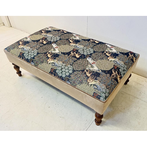 368 - HEARTH STOOL, with William Morris style upholstery on turned supports, 35cm H x 105cm W x 58cm D.