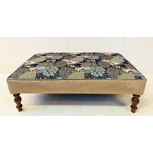 368 - HEARTH STOOL, with William Morris style upholstery on turned supports, 35cm H x 105cm W x 58cm D.