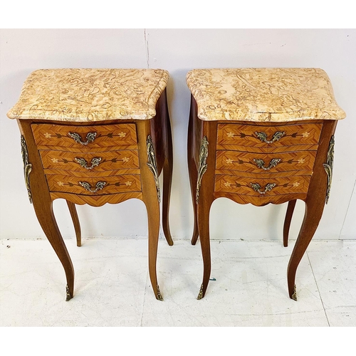 369 - SIDE TABLES, a pair, French style design with marble tops over three drawers, 72cm H x 41cm W x 29cm... 