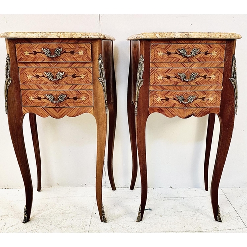 369 - SIDE TABLES, a pair, French style design with marble tops over three drawers, 72cm H x 41cm W x 29cm... 