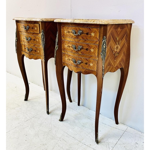 369 - SIDE TABLES, a pair, French style design with marble tops over three drawers, 72cm H x 41cm W x 29cm... 