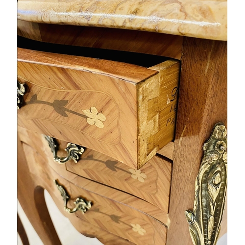 369 - SIDE TABLES, a pair, French style design with marble tops over three drawers, 72cm H x 41cm W x 29cm... 