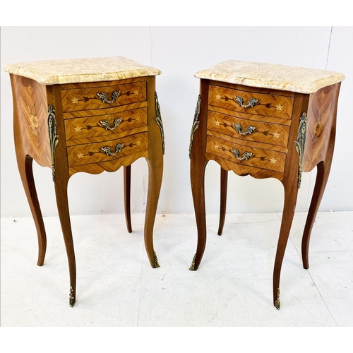 369 - SIDE TABLES, a pair, French style design with marble tops over three drawers, 72cm H x 41cm W x 29cm... 