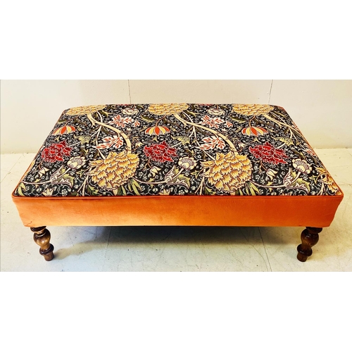 371 - HEARTH STOOL, with William Morris style upholstery turned supports, 32cm H x 100cm W x 69cm D.