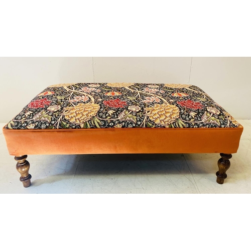 371 - HEARTH STOOL, with William Morris style upholstery turned supports, 32cm H x 100cm W x 69cm D.