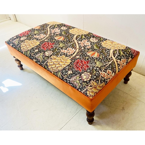 371 - HEARTH STOOL, with William Morris style upholstery turned supports, 32cm H x 100cm W x 69cm D.