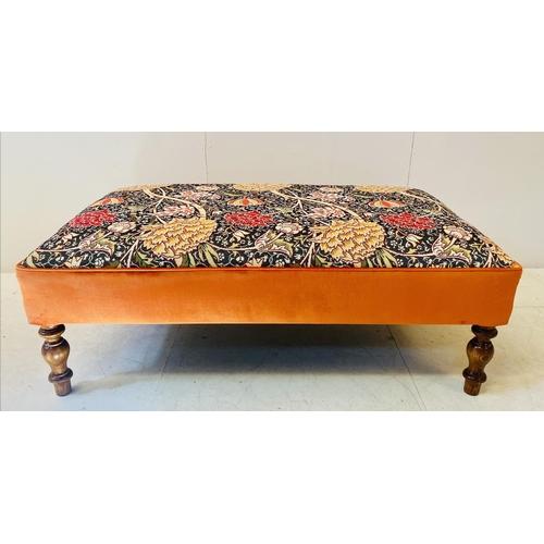 371 - HEARTH STOOL, with William Morris style upholstery turned supports, 32cm H x 100cm W x 69cm D.