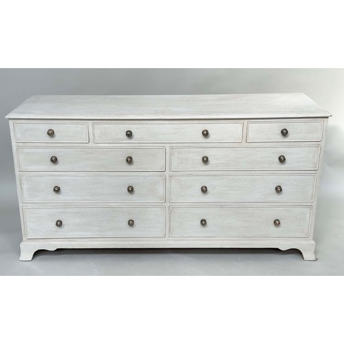 178 - LOW CHEST, George III style grey painted with nine drawers and shaped bracket supports, 153cm W x 46... 