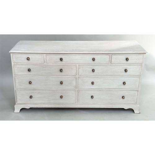 178 - LOW CHEST, George III style grey painted with nine drawers and shaped bracket supports, 153cm W x 46... 