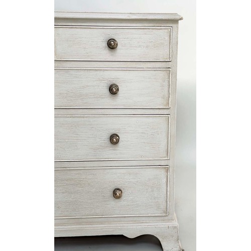 178 - LOW CHEST, George III style grey painted with nine drawers and shaped bracket supports, 153cm W x 46... 