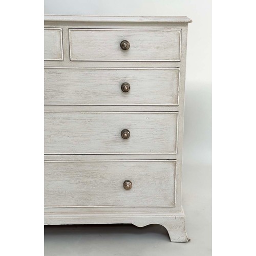 178 - LOW CHEST, George III style grey painted with nine drawers and shaped bracket supports, 153cm W x 46... 