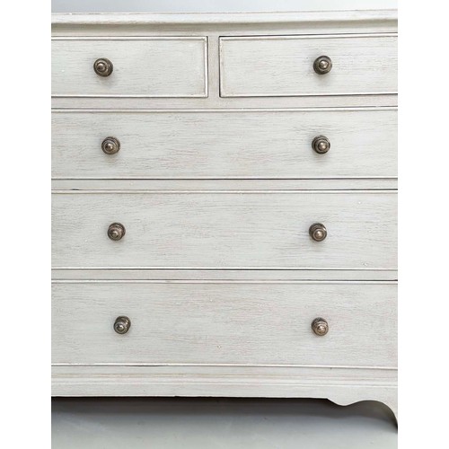 178 - LOW CHEST, George III style grey painted with nine drawers and shaped bracket supports, 153cm W x 46... 