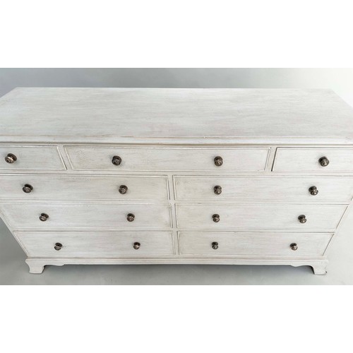 178 - LOW CHEST, George III style grey painted with nine drawers and shaped bracket supports, 153cm W x 46... 