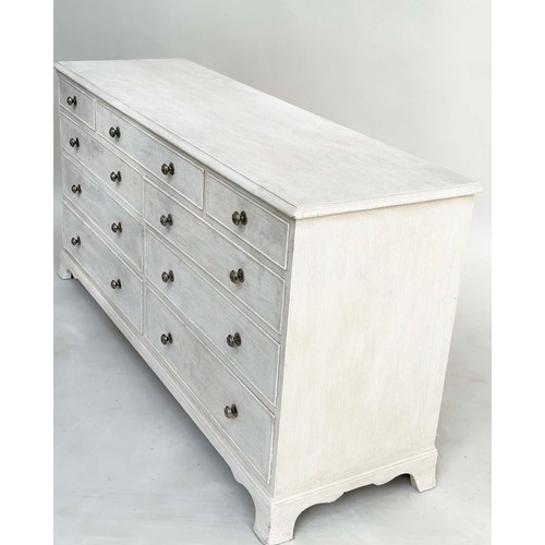 178 - LOW CHEST, George III style grey painted with nine drawers and shaped bracket supports, 153cm W x 46... 