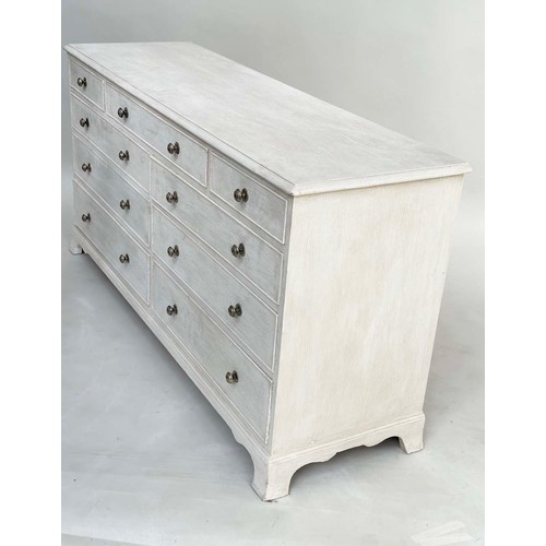 178 - LOW CHEST, George III style grey painted with nine drawers and shaped bracket supports, 153cm W x 46... 