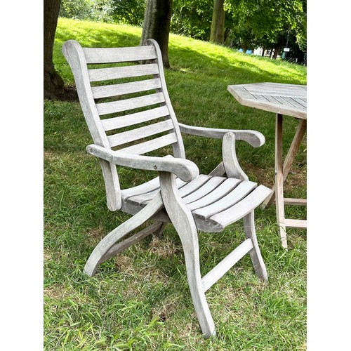 200 - GARDEN ARMCHAIRS BY ALEXANDER ROSE, a pair, well weathered teak each folding with arms together with... 