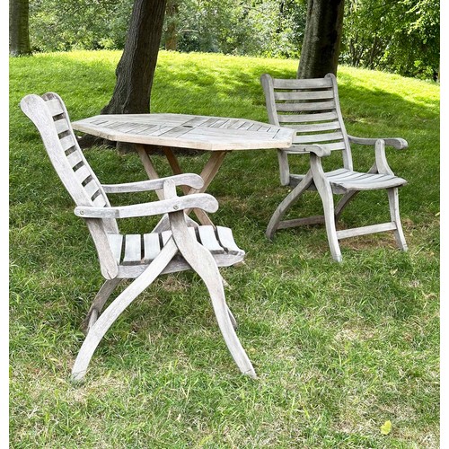 200 - GARDEN ARMCHAIRS BY ALEXANDER ROSE, a pair, well weathered teak each folding with arms together with... 