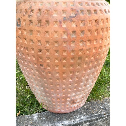 266 - GARDEN URN, very large weathered terracotta with moulded rim and all over coffered decoration, 99cm ... 