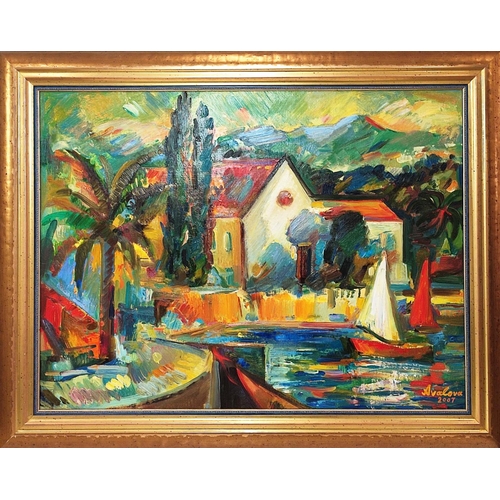 117 - VALOVA (20th Century Russian) ‘Harbour View’, oil on canvas, 60cm x 80cm, signed, framed.