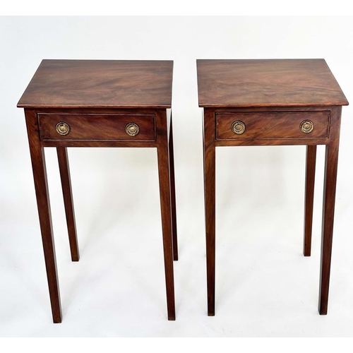 161 - LAMP TABLES, a pair, George III design flame mahogany each with frieze drawer and square section tap... 