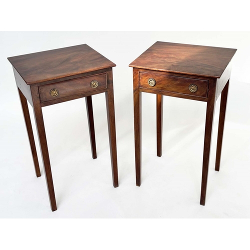 161 - LAMP TABLES, a pair, George III design flame mahogany each with frieze drawer and square section tap... 