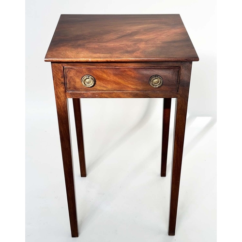 161 - LAMP TABLES, a pair, George III design flame mahogany each with frieze drawer and square section tap... 