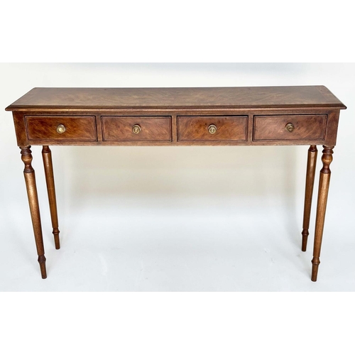 168 - HALL TABLE, George III design burr walnut and crossbanded with four frieze drawers and turned suppor... 