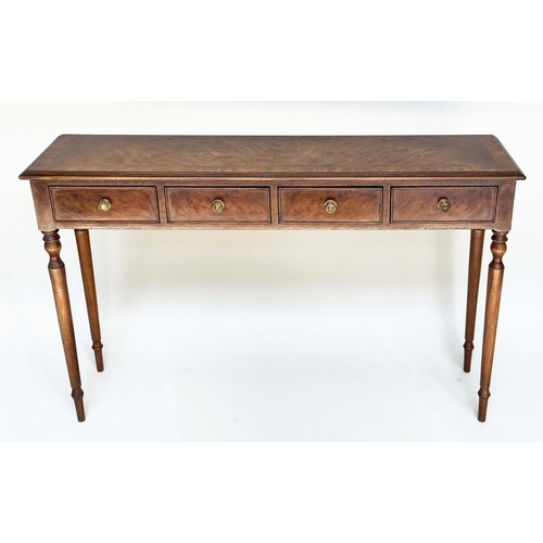 168 - HALL TABLE, George III design burr walnut and crossbanded with four frieze drawers and turned suppor... 