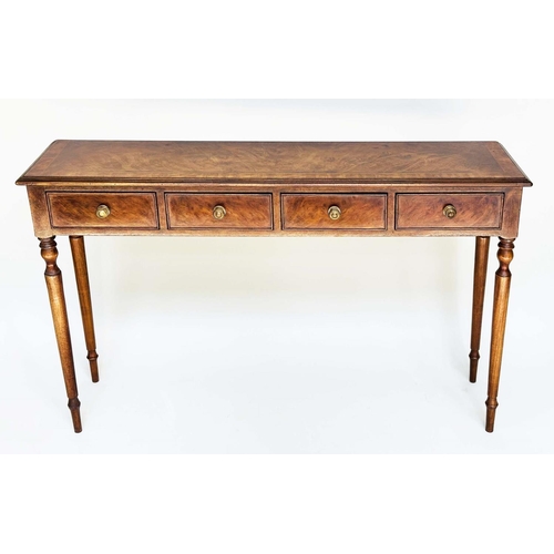 168 - HALL TABLE, George III design burr walnut and crossbanded with four frieze drawers and turned suppor... 