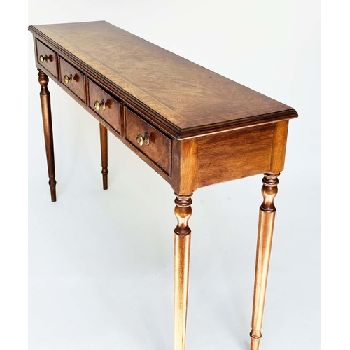 168 - HALL TABLE, George III design burr walnut and crossbanded with four frieze drawers and turned suppor... 