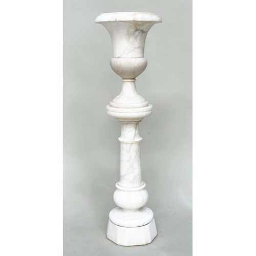 186 - URN ON STAND, 19th century Italian alabaster with neoclassical shaped urn on conforming column plint... 