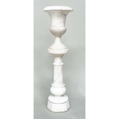 186 - URN ON STAND, 19th century Italian alabaster with neoclassical shaped urn on conforming column plint... 