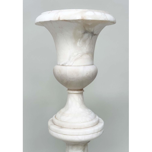 186 - URN ON STAND, 19th century Italian alabaster with neoclassical shaped urn on conforming column plint... 