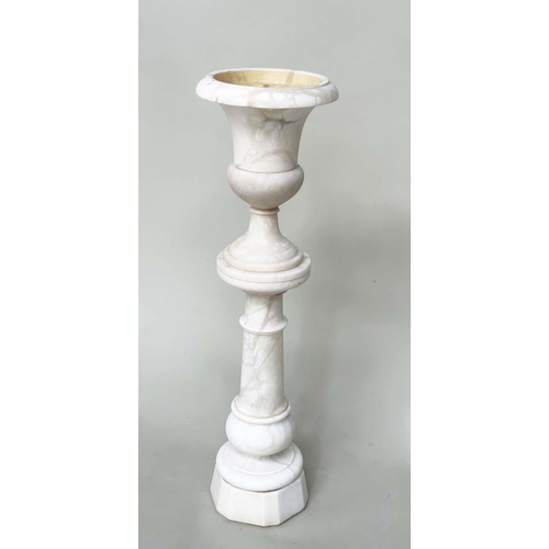 186 - URN ON STAND, 19th century Italian alabaster with neoclassical shaped urn on conforming column plint... 