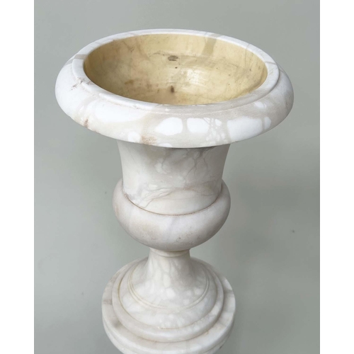 186 - URN ON STAND, 19th century Italian alabaster with neoclassical shaped urn on conforming column plint... 