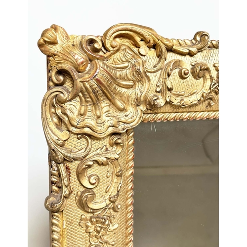 190 - WALL MIRROR, 19th century French giltwood and gesso moulded rectangular with acanthus corners and be... 