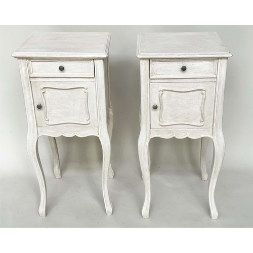 198 - BEDSIDE TABLES, a pair, French Louis XV style traditionally grey painted, each with frieze drawer an... 