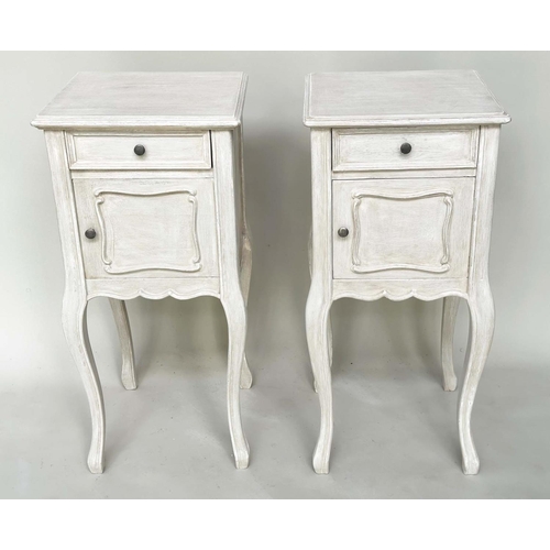 198 - BEDSIDE TABLES, a pair, French Louis XV style traditionally grey painted, each with frieze drawer an... 