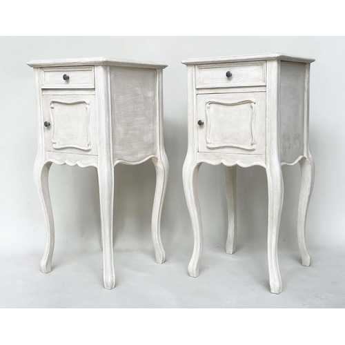 198 - BEDSIDE TABLES, a pair, French Louis XV style traditionally grey painted, each with frieze drawer an... 