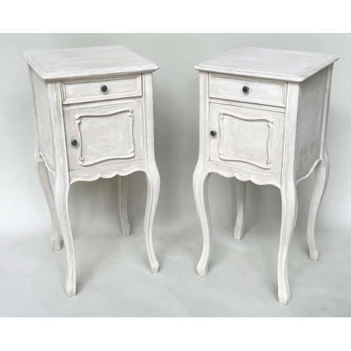 198 - BEDSIDE TABLES, a pair, French Louis XV style traditionally grey painted, each with frieze drawer an... 