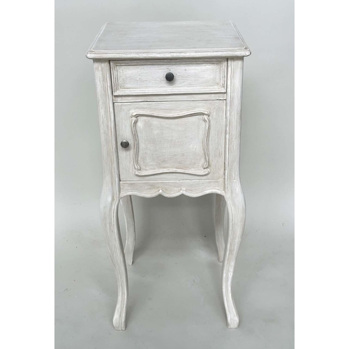 198 - BEDSIDE TABLES, a pair, French Louis XV style traditionally grey painted, each with frieze drawer an... 