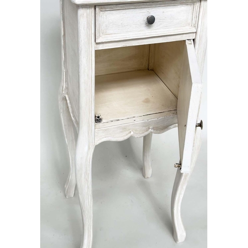 198 - BEDSIDE TABLES, a pair, French Louis XV style traditionally grey painted, each with frieze drawer an... 