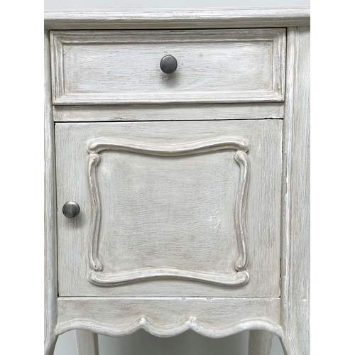 198 - BEDSIDE TABLES, a pair, French Louis XV style traditionally grey painted, each with frieze drawer an... 